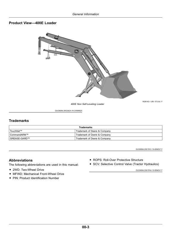 John Deere 300E, 400E Loaders Operator’s Manual (UK Edition) 300E Non Self-Leveling Loader (July 2020-) (UK Export Edition) Operator's Manual (OMPXX13997) - Image 2