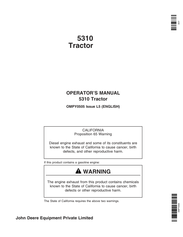 John Deere 5310 Tractor Operator's Manual (OMPY0505)