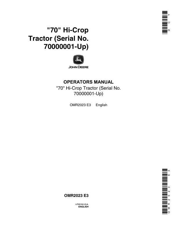 John Deere 70 Hi-Crop Tractor Operator's Manual (OMR2023)