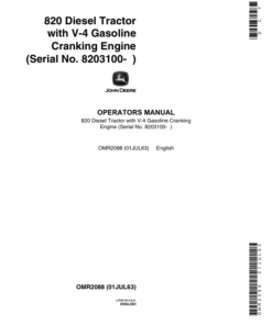 John Deere 820 Utility Tractor, Diesel with Gasoline Cranking Engine Operator's Manual (OMR2088)