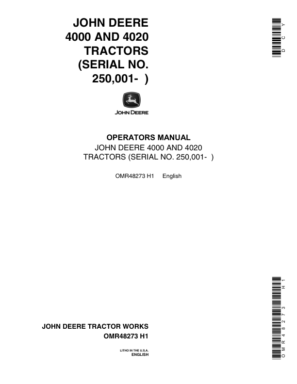 John Deere 4000, 4020 Tractor (250001-) Operator's Manual (OMR48273)