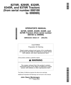 John Deere 8270R, 8295R, 8320R, 8345R & 8370R Tractors Operator's Manual (OMR552543)