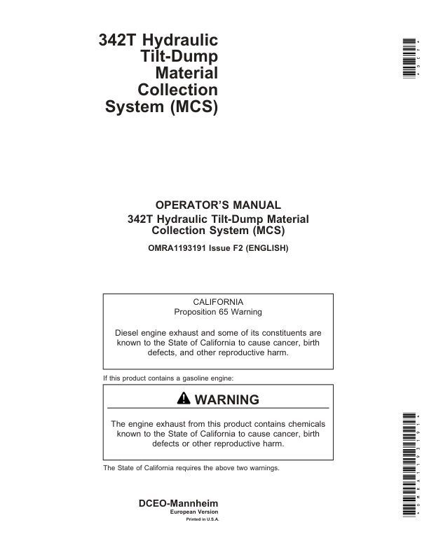 John Deere 342T Material Collection System Operator's Manual (OMRA1193191)