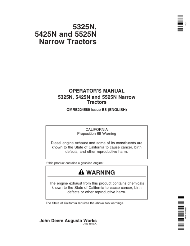 John Deere 5325N, 5425N, 5525N Narrow Tractors Operator's Manual (OMRE224589)