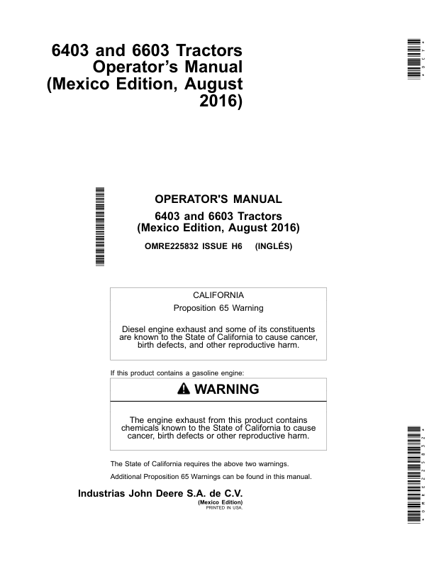John Deere 6403 & 6603 Tractors (North American) Operator's Manual (OMRE225832)