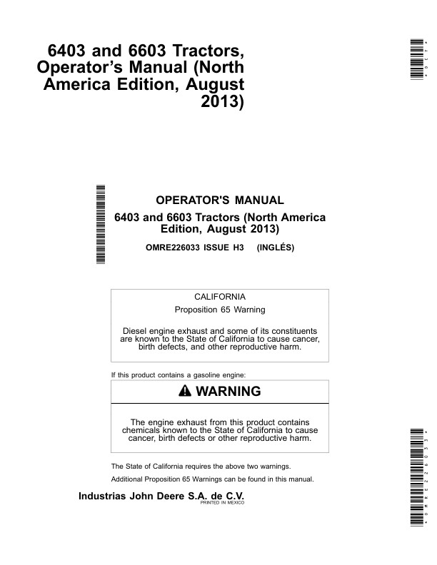 John Deere 6403 & 6603 Tractors US & Canadian Edition Operator's Manual (OMRE226033)