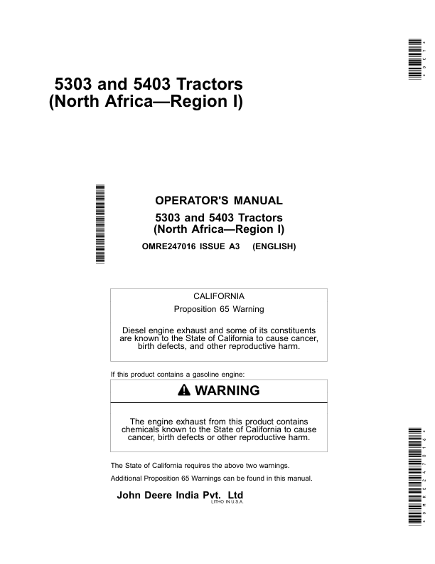 John Deere 5303, 5403 Tractors Operator's Manual (OMRE247016)