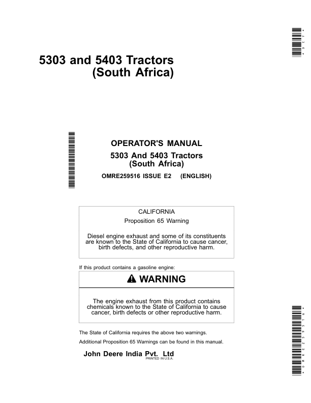 John Deere 5303, 5403 South Africa Tractor Operator's Manual (OMRE259516)