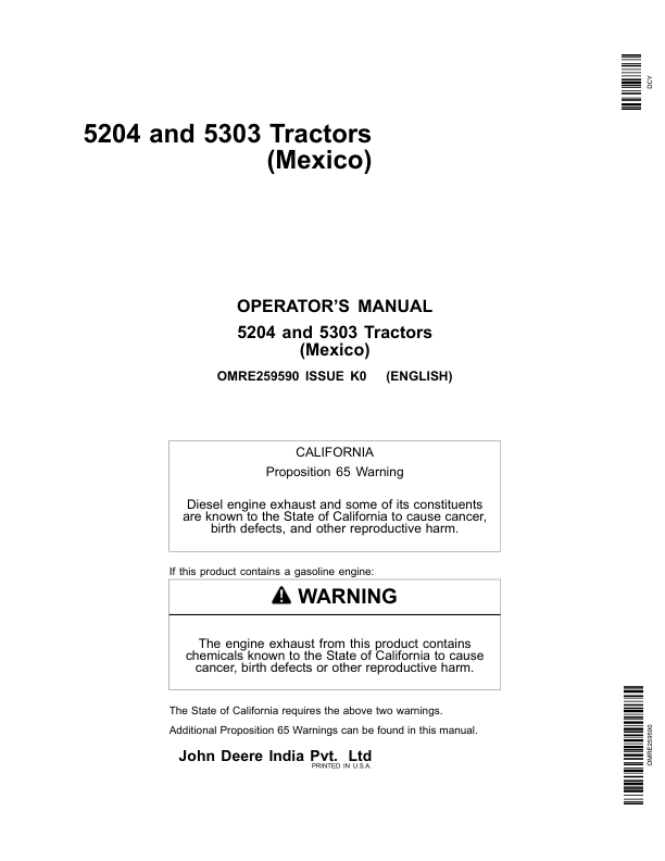 John Deere 5204, 5303 Tractor Operator's Manual (OMRE259590)
