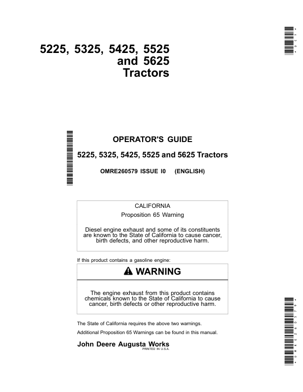 John Deere 5225, 5325, 5425, 5525, 5625 Tractors Operator's Manual (OMRE260579)