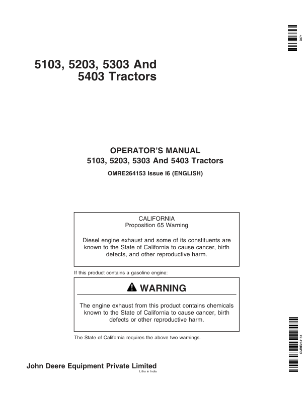 John Deere 5103, 5203, 5303, 5403 Australia Tractors Operator's Manual (OMRE264153)