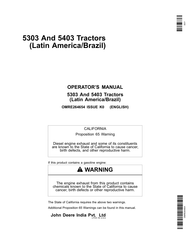 John Deere 5303, 5403 Latin America Tractor Operator's Manual (OMRE264654)