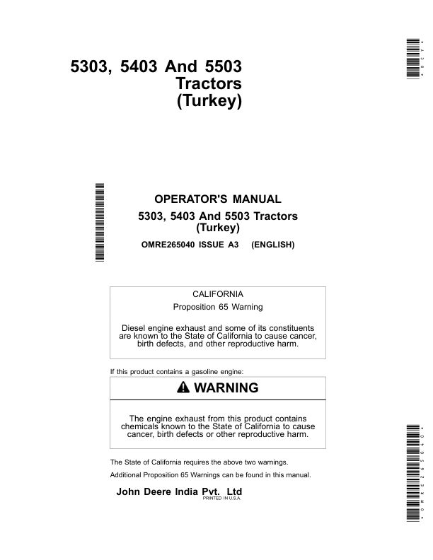 John Deere 5303, 5403, 5503 Tractors Operator's Manual (OMRE265040)
