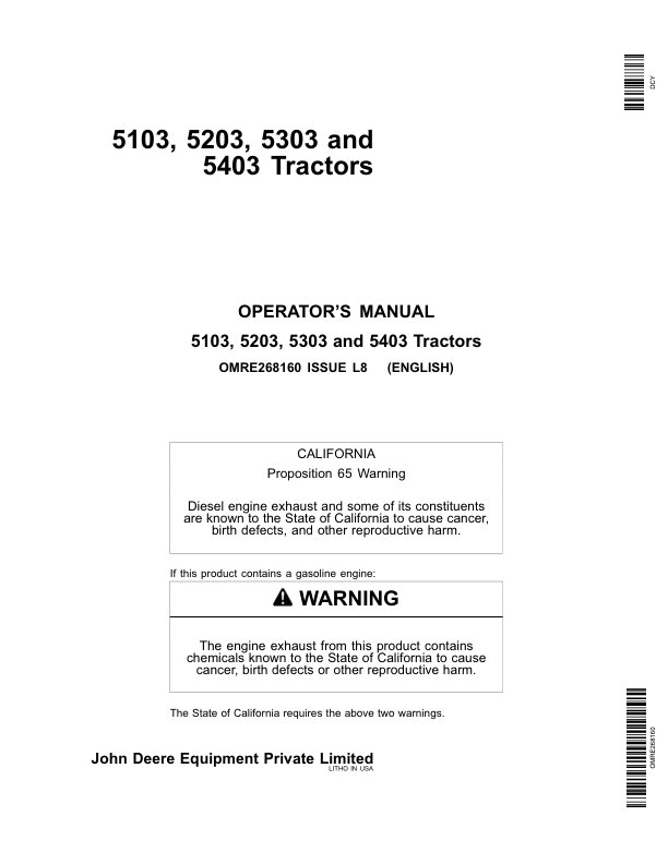 John Deere 5103, 5203, 5303, 5403 Tractors Operator's Manual (OMRE268160)