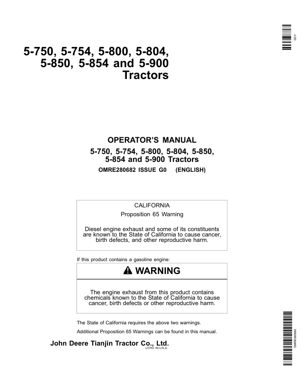 John Deere JD5-750, JD5-754, JD5-800, JD5-804, JD5-850, JD5-854, JD5-900 Tractors Operator's Manual (OMRE280682)