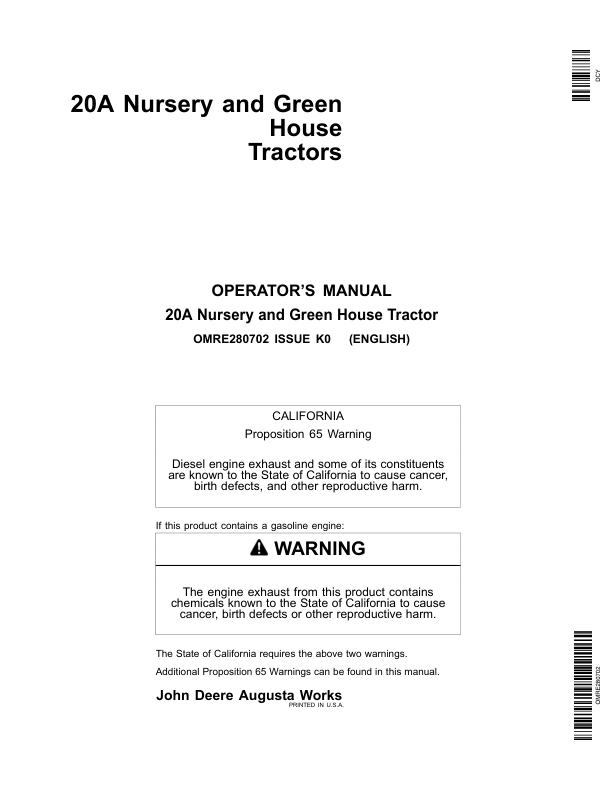 John Deere 20A Nursery, Green House Tractors Operator's Manual (OMRE280702)