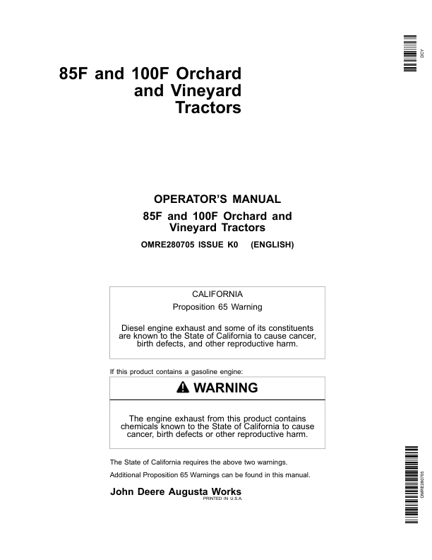 John Deere 85F, 100F Orchard, Vineyard Tractors Operator's Manual (OMRE280705)