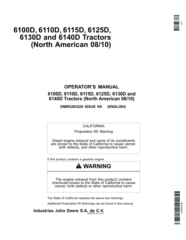 John Deere 6100D, 6110D, 6115D, 6125D, 6130D & 6140D Tractors Operator's Manual (OMRE283529)
