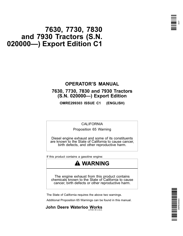 John Deere 7630, 7730, 7830, 7930 Tractors (020000-) (Export Edition) Operator's Manual (OMRE299303)