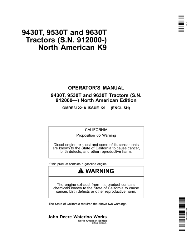John Deere 9430T, 9530T, 9630T Tractors (912000-) Operator's Manual (OMRE312218)