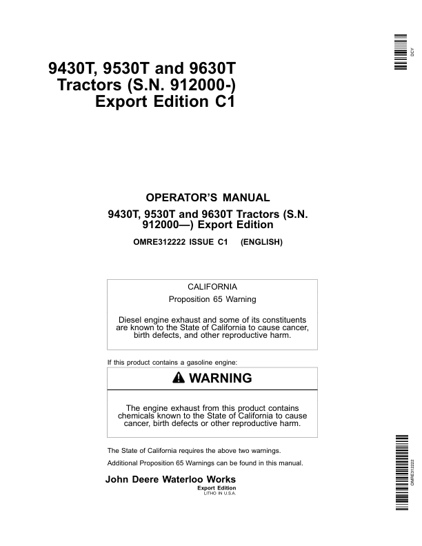 John Deere 9430T, 9530T, 9630T Tractors (912000-) (Export Edition) Operator's Manual (OMRE312222)