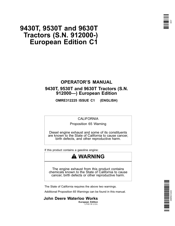 John Deere 9430T, 9530T, 9630T Tractors (912000-) (European Edition) Operator's Manual (OMRE312225)