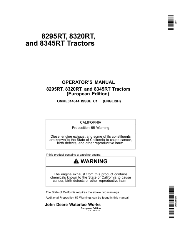John Deere 8295RT, 8320RT & 8345RT Tractors European Edtion (902501-912000) Operator's Manual (OMRE314044)