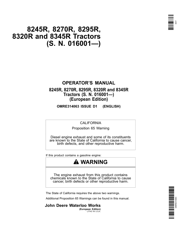 John Deere 8225R, 8245R, 8270R, 8295R, 8320R & 8345R Tractors European Edition (000000-090000) Operator's Manual (OMRE314063)