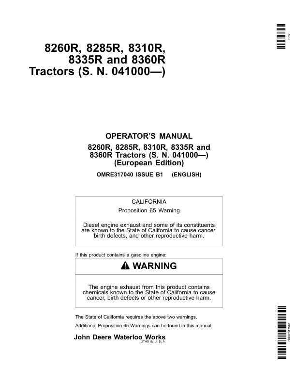 John Deere 8260R, 8285R, 8310R, 8335R & 8360R Tractors Operator's Manual (OMRE317040)