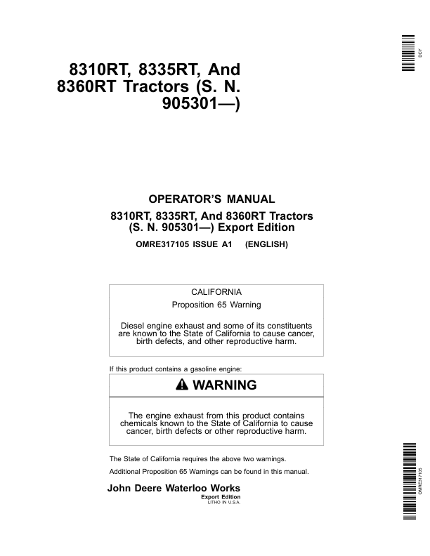 John Deere 8310RT, 8335RT & 8360RT Tractors Export Edition (905301-907100) Operator's Manual (OMRE317105)