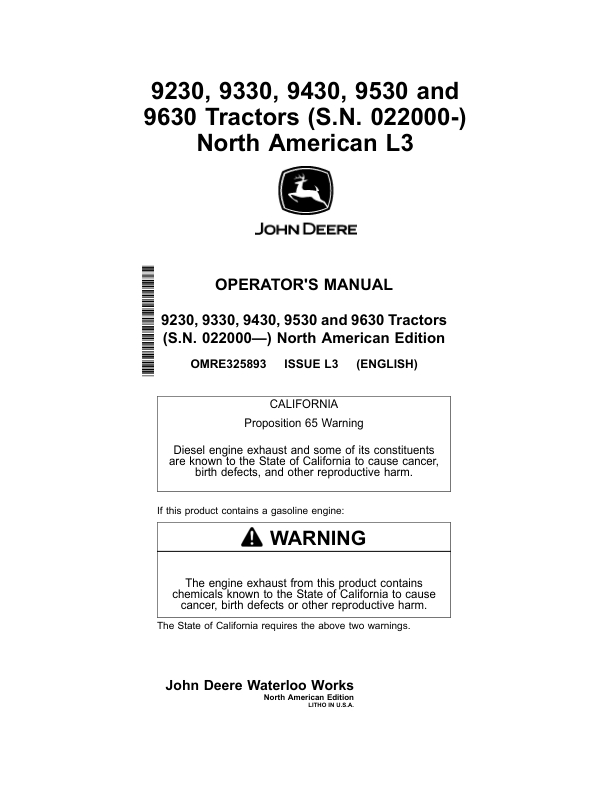 John Deere 9230, 9330, 9430, 9530, 9630 Tractors (022000-) Operator's Manual (OMRE325893)