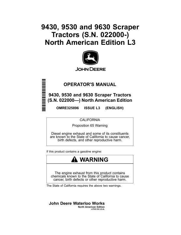 John Deere 9430, 9530, 9630 Scraper Tractors (022000-) (North American) Operator's Manual (OMRE325896)