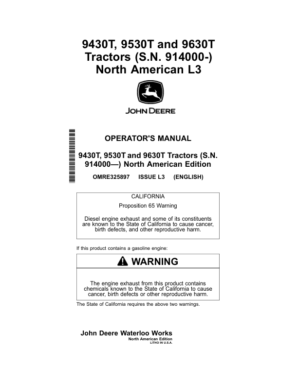 John Deere 9430T, 9530T, 9630T Tractors (914000-) Operator's Manual (OMRE325897)