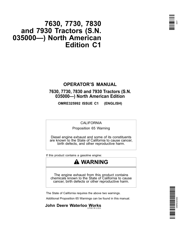 John Deere 7630, 7730, 7830 & 7930 Tractors North America (035000-042000) Operator's Manual (OMRE325992)