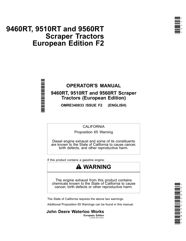John Deere 9460RT, 9510RT, & 9560RT Scraper Tractors European Edition Operator's Manual (OMRE340833)
