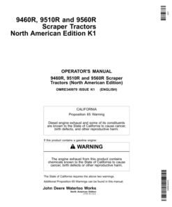 John Deere 9460R, 9510R, 9560R Scraper Tractors Operator's Manuals (OMRE340979)