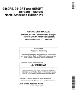 John Deere 9460RT, 9510RT, 9560RT Scraper Tractors Operator's Manuals (OMRE340980)