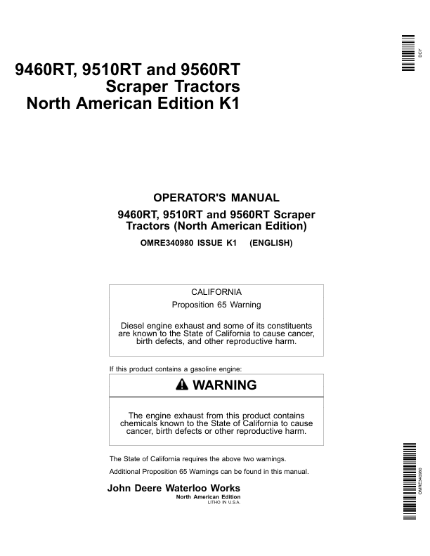 John Deere 9460RT, 9510RT, 9560RT Scraper Tractors Operator's Manuals (OMRE340980)