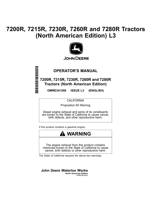 John Deere 7200R, 7215R, 7230R, 7280R Tractors Operator's Manual (OMRE341556)