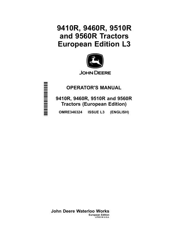 John Deere 9410R, 9460R, 9510R, 9560R Tractors Operator's Manual (OMRE346324)