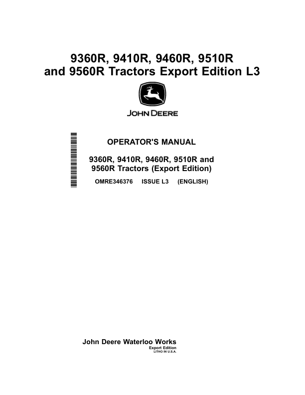 John Deere 9360R, 9410R, 9460R, 9510R, 9560R Tractors Operator's Manual (OMRE346376)