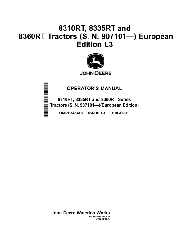John Deere 8310RT, 8335RT & 8360RT Tractors European Edition (907101-Current) (Europe) Operator's Manual (OMRE346418)
