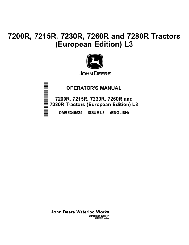 John Deere 7200R, 7215R, 7230R, 7260R & 7280R Tractors European Edition Operator's Manual (OMRE346524)
