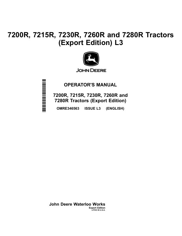 John Deere 7200R, 7215R, 7230R, 7260R & 7280R Tractors Export Edition Operator's Manual (OMRE346563)