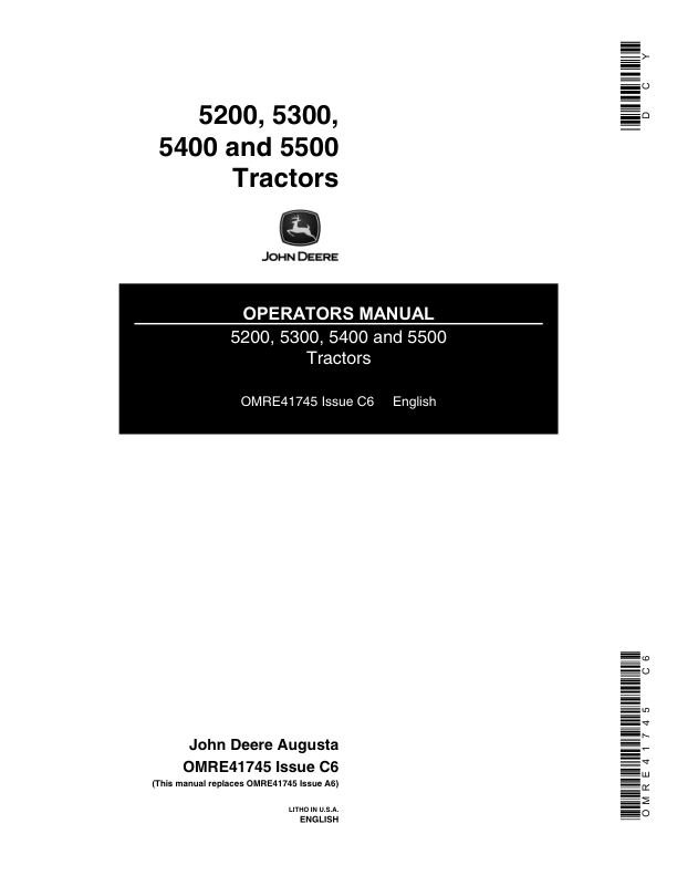 John Deere 5200, 5300, 5400, 5500 Tractors Operator's Manual (OMRE41745)