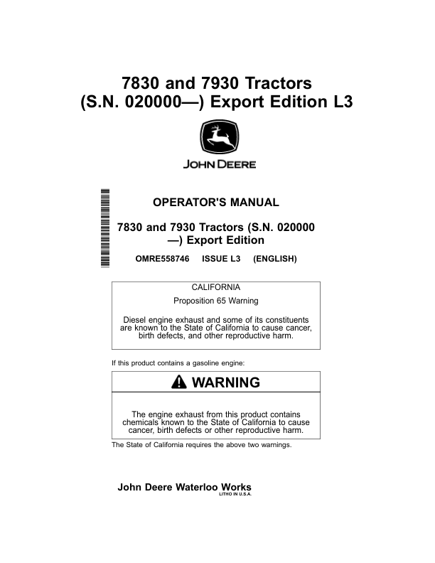 John Deere 7830 & 7930 Tractors Export Edition (020000-034999) Operator's Manual (OMRE558746)