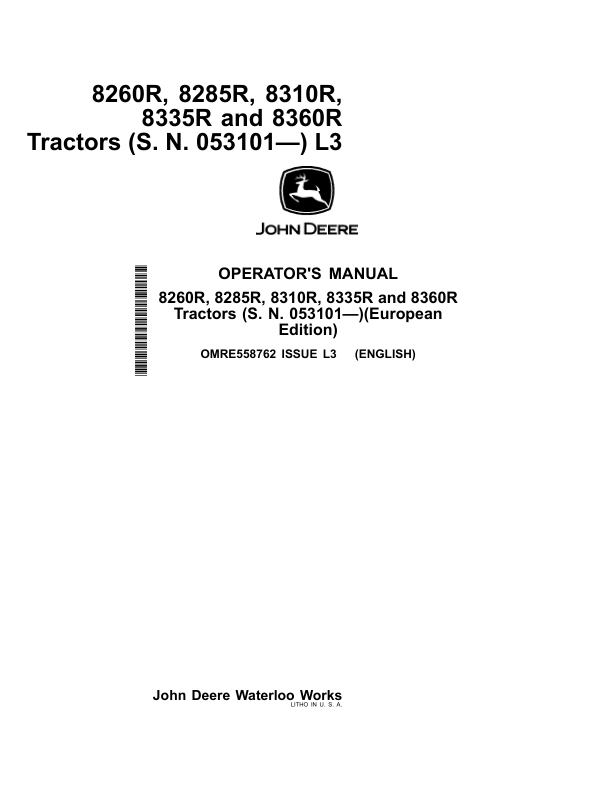John Deere 8260R, 8285R, 8310R, 8335R & 8360R Tractors Operator's Manual (OMRE558762)