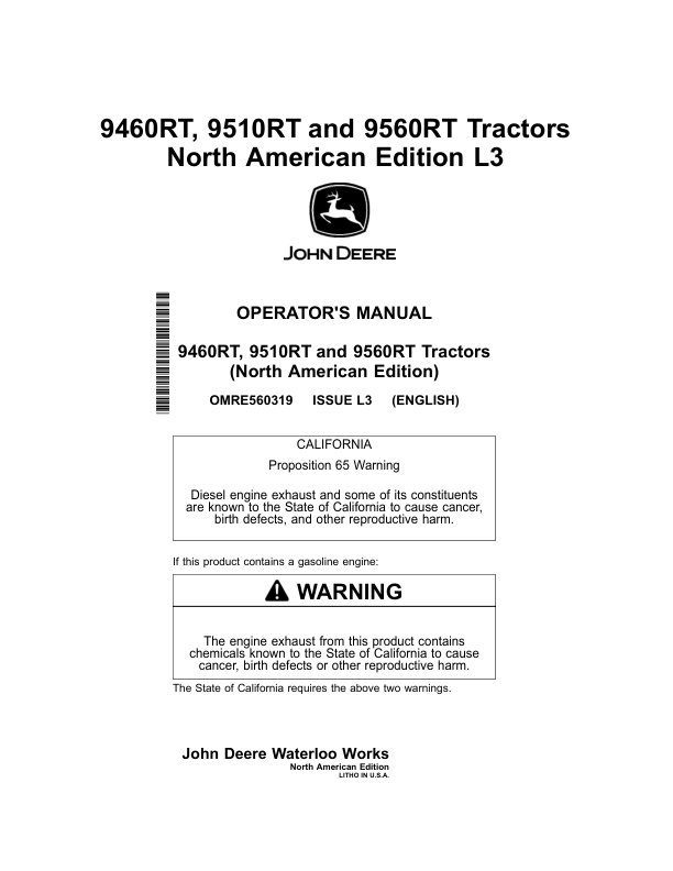 John Deere 9460RT, 9510RT, & 9560RT Tractors North America Operator's Manual (OMRE560319)