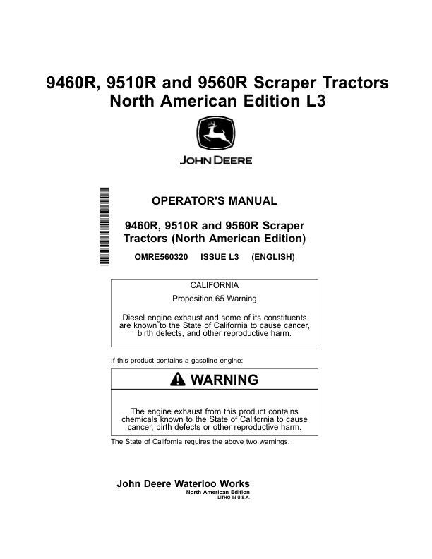 John Deere 9460R 9510R 9560R SCRAPER Tractors Operator's Manual (OMRE560320)
