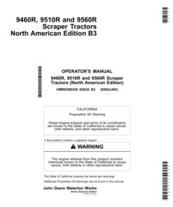 John Deere 9460R, 9510R, 9560R Scraper Tractors Operator's Manuals (OMRE560320)